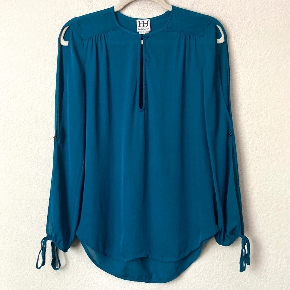 Haute Hippie Silk Keyhole Front Split Shoulder Tie Sleeve Blouse